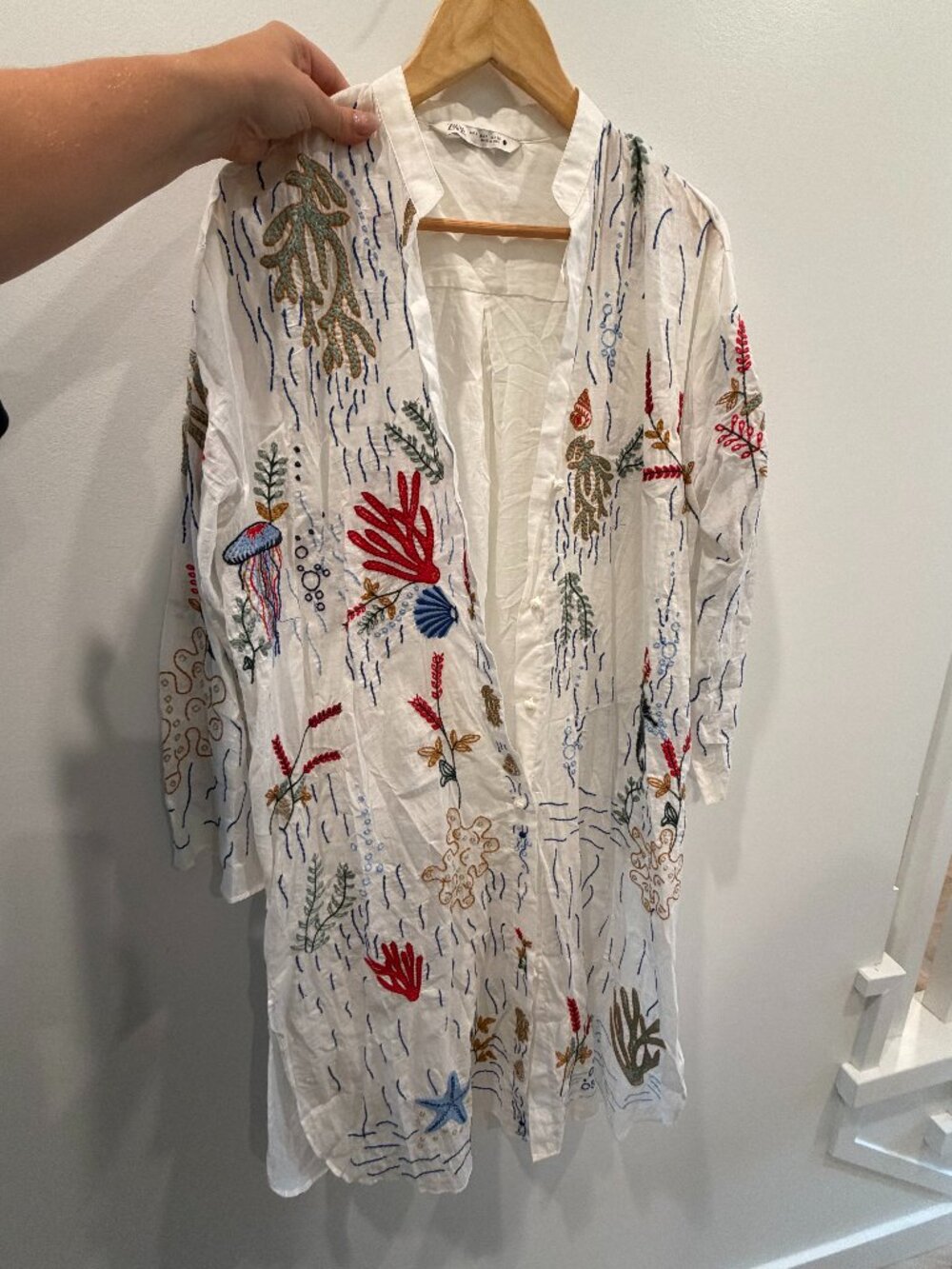 ZARA Embroidered Marine Coral Sea Life Linen Tunic Cover-Up | Small